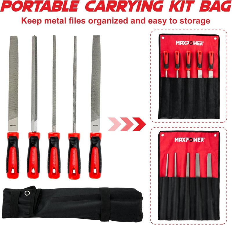 Max Power 10-inch Metal File Set, 5 Pieces Hand Files Including Flat, Round, Half-Round, Triangle and Square, Soft Grip Handle, File Set for Wood, Metal Work and DIY - Image 5